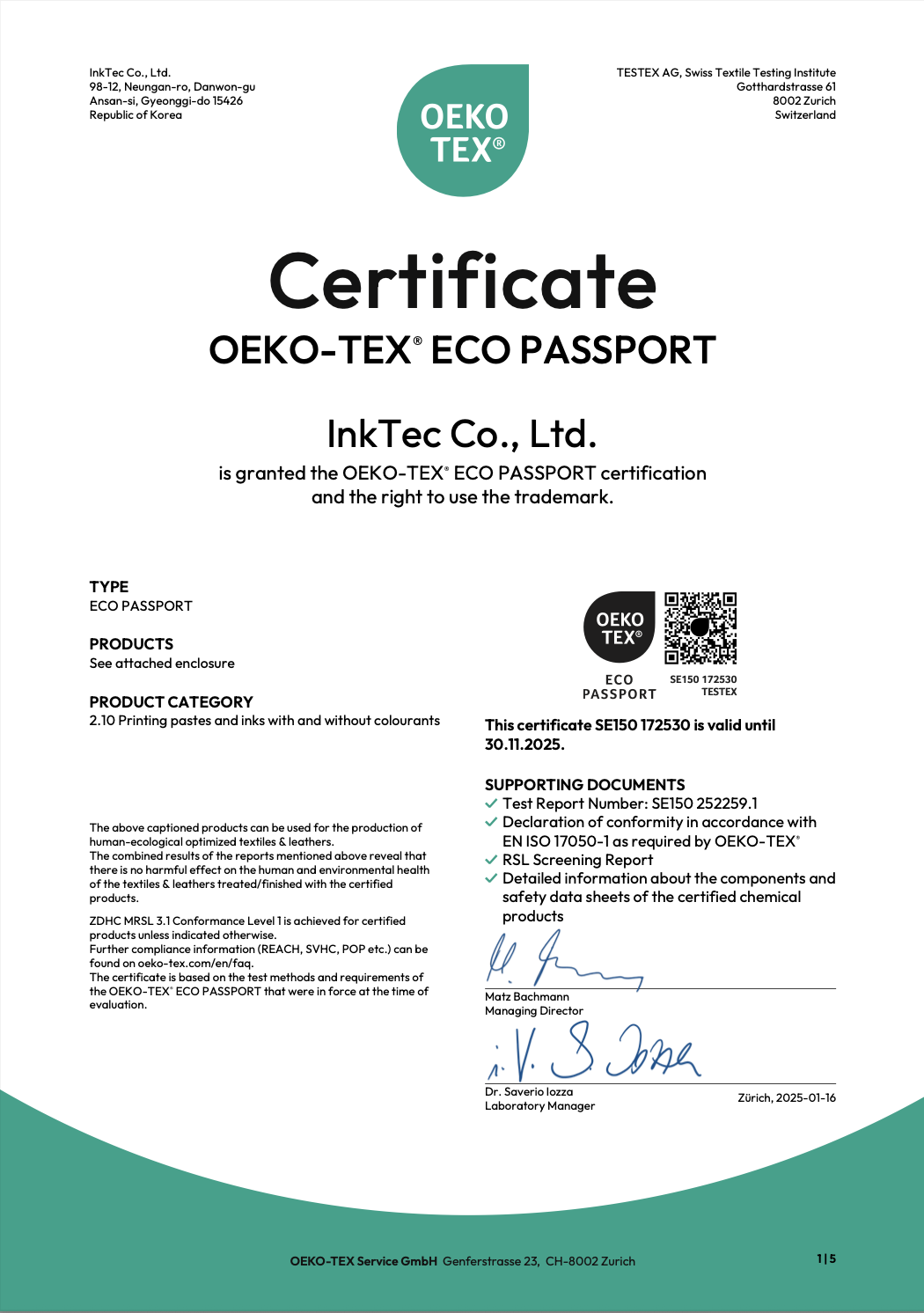 InkTec OEKO TEX Eco Passport_th